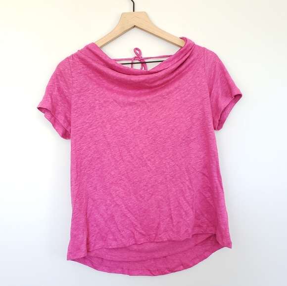 Anthropologie Maeve Pink Linen Top Sz Small Cowlneck Open Back Barbie - Picture 3 of 7